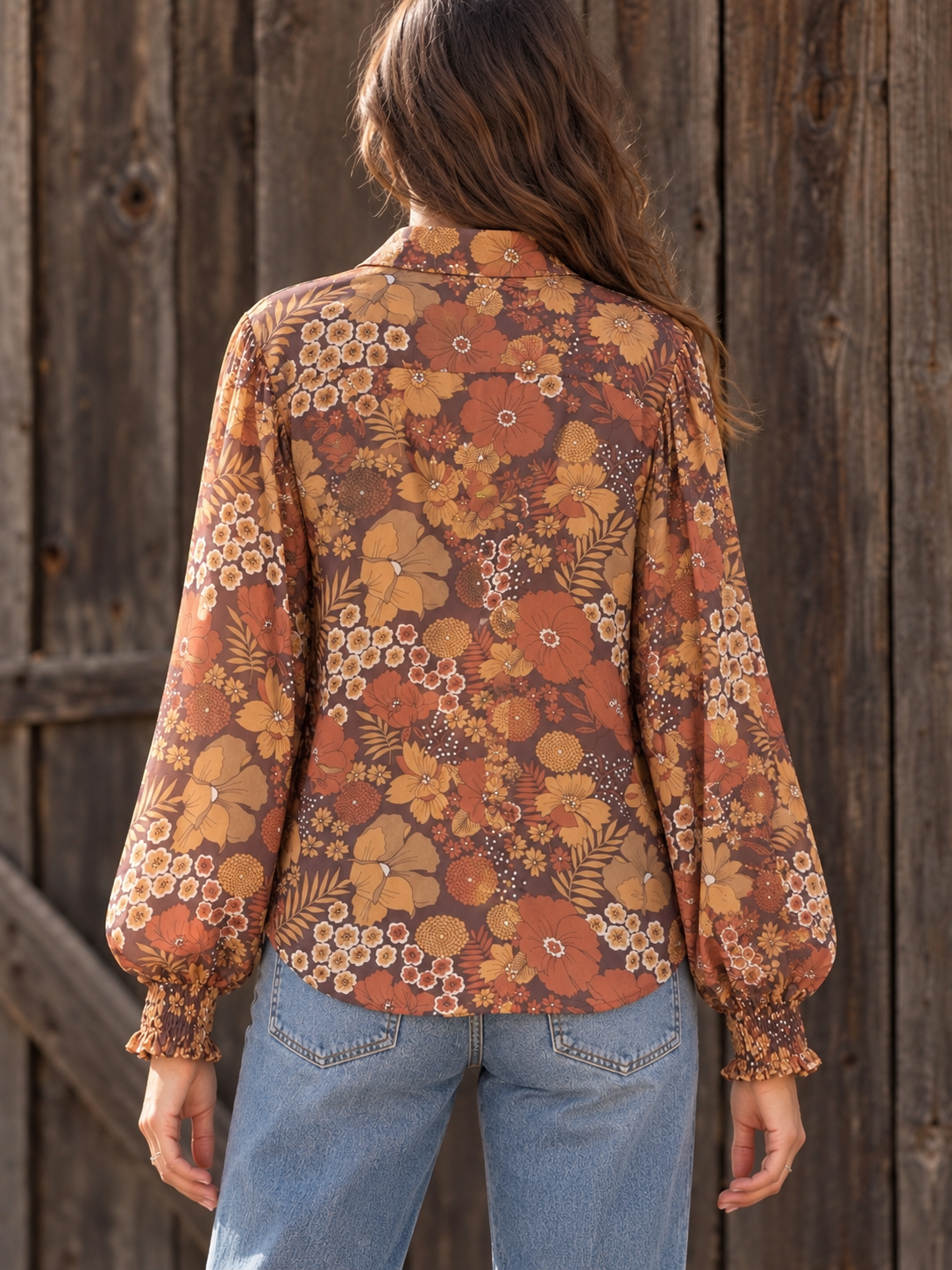 All The Leaves Are Brown Retro Floral Button Up Mesh Blouse