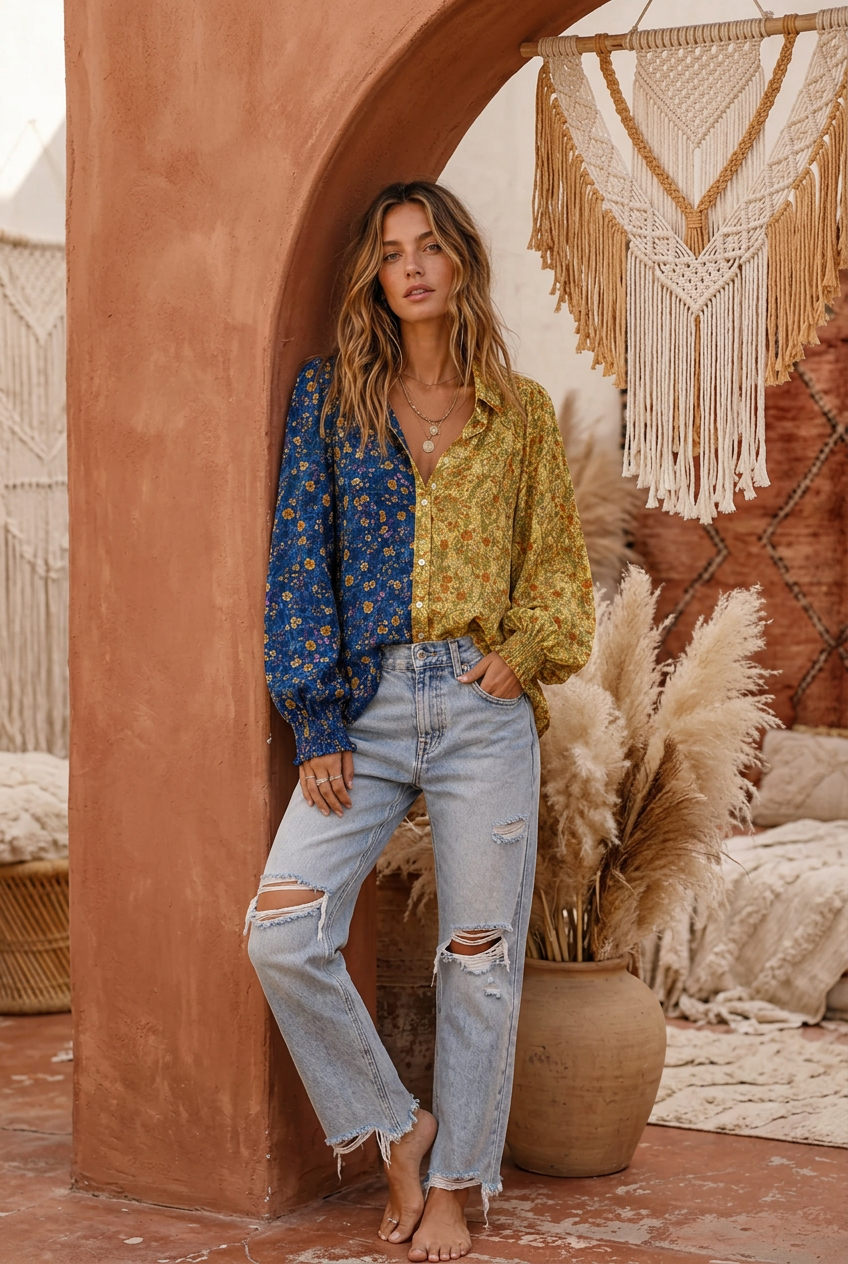 Secret Garden Contrasting Print Button Up Blouse