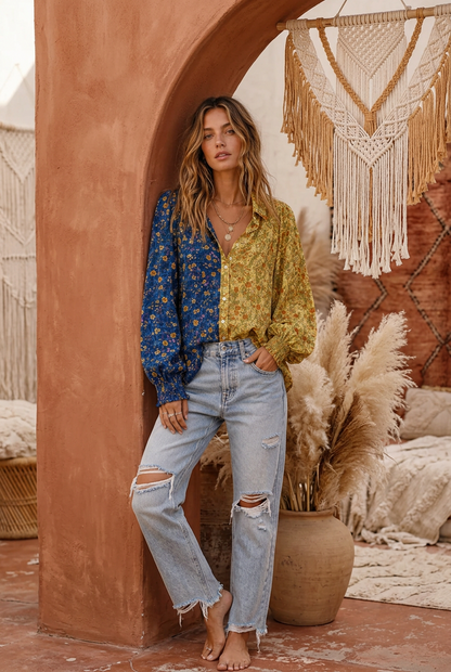 Secret Garden Contrasting Print Button Up Blouse