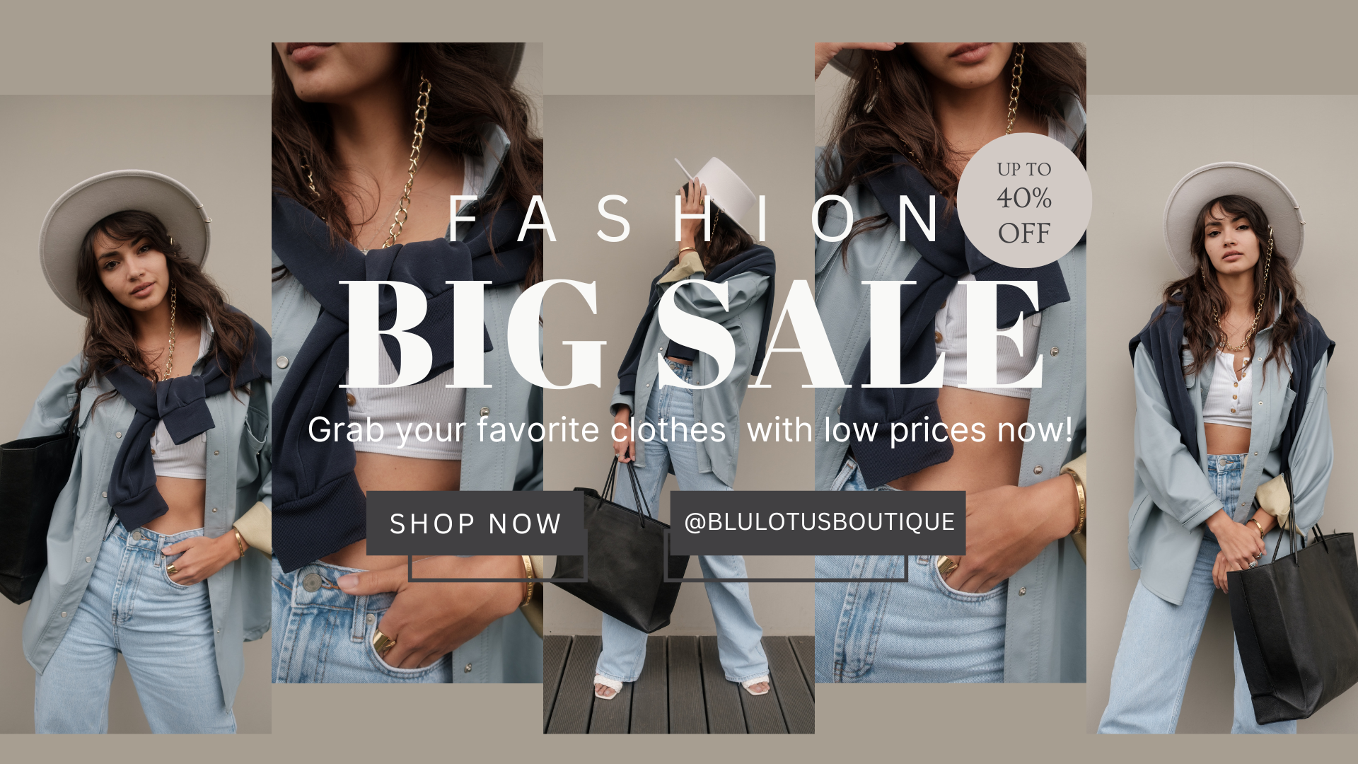 Fashion sale advertisement with a woman in a stylish outfit and promotional text.
