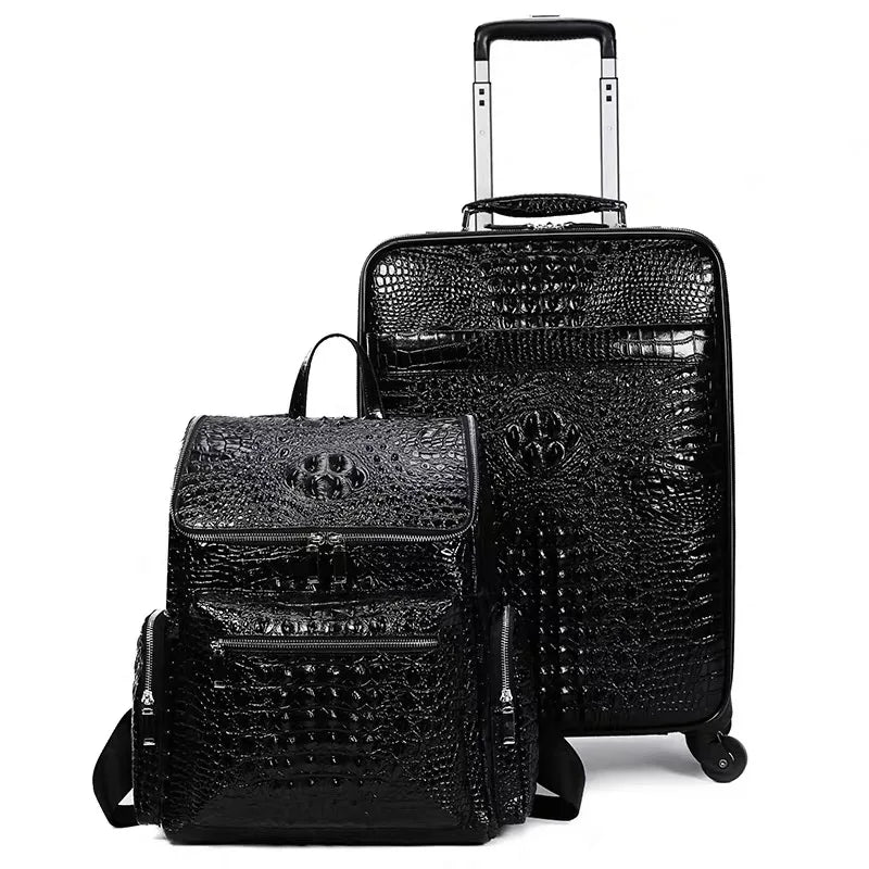 100% Real Leather Travel Luggage With Handbag Men Head Cowhide Universal Wheel Crocodile Pattern Suitcase 20 Inch Boarding Case