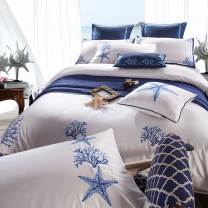 Chic Blue Coral pattern embroidery bedding set Luxury White Egyptian Cotton Duvet Cover Set US Queen Extra King Size 4/6/10Pc