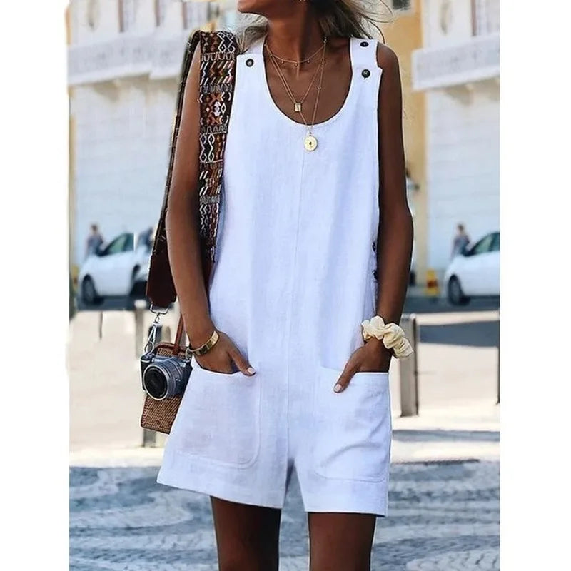 Women's Casual Button Pocket Jumsuit Female Ladies Summer Cotton Linen Vintage Shift Spaghetti-Strap Rompers Playsuits 2020