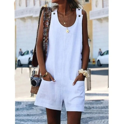 Women's Casual Button Pocket Jumsuit Female Ladies Summer Cotton Linen Vintage Shift Spaghetti-Strap Rompers Playsuits 2020