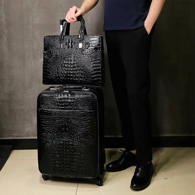 100% Real Leather Travel Luggage With Handbag Men Head Cowhide Universal Wheel Crocodile Pattern Suitcase 20 Inch Boarding Case