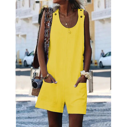 Women's Casual Button Pocket Jumsuit Female Ladies Summer Cotton Linen Vintage Shift Spaghetti-Strap Rompers Playsuits 2020