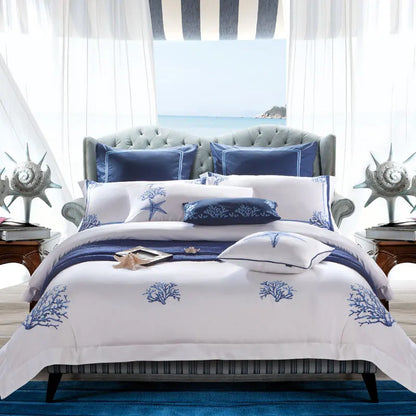 Chic Blue Coral pattern embroidery bedding set Luxury White Egyptian Cotton Duvet Cover Set US Queen Extra King Size 4/6/10Pc