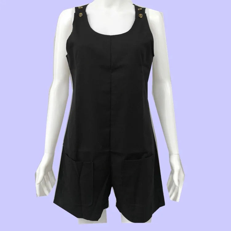 Women's Casual Button Pocket Jumsuit Female Ladies Summer Cotton Linen Vintage Shift Spaghetti-Strap Rompers Playsuits 2020