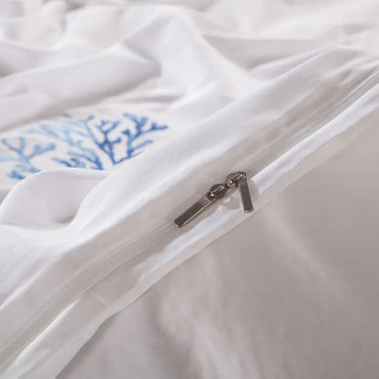 Chic Blue Coral pattern embroidery bedding set Luxury White Egyptian Cotton Duvet Cover Set US Queen Extra King Size 4/6/10Pc