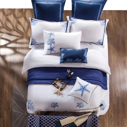 Chic Blue Coral pattern embroidery bedding set Luxury White Egyptian Cotton Duvet Cover Set US Queen Extra King Size 4/6/10Pc