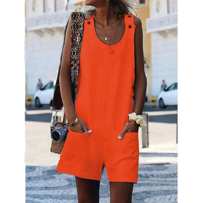 Women's Casual Button Pocket Jumsuit Female Ladies Summer Cotton Linen Vintage Shift Spaghetti-Strap Rompers Playsuits 2020
