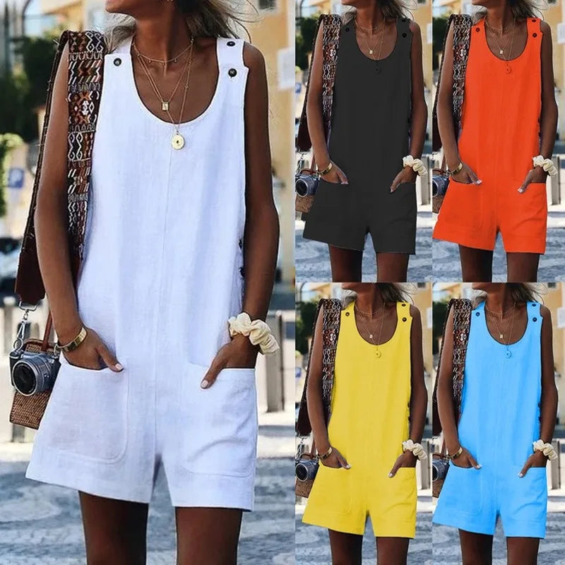 Women's Casual Button Pocket Jumsuit Female Ladies Summer Cotton Linen Vintage Shift Spaghetti-Strap Rompers Playsuits 2020