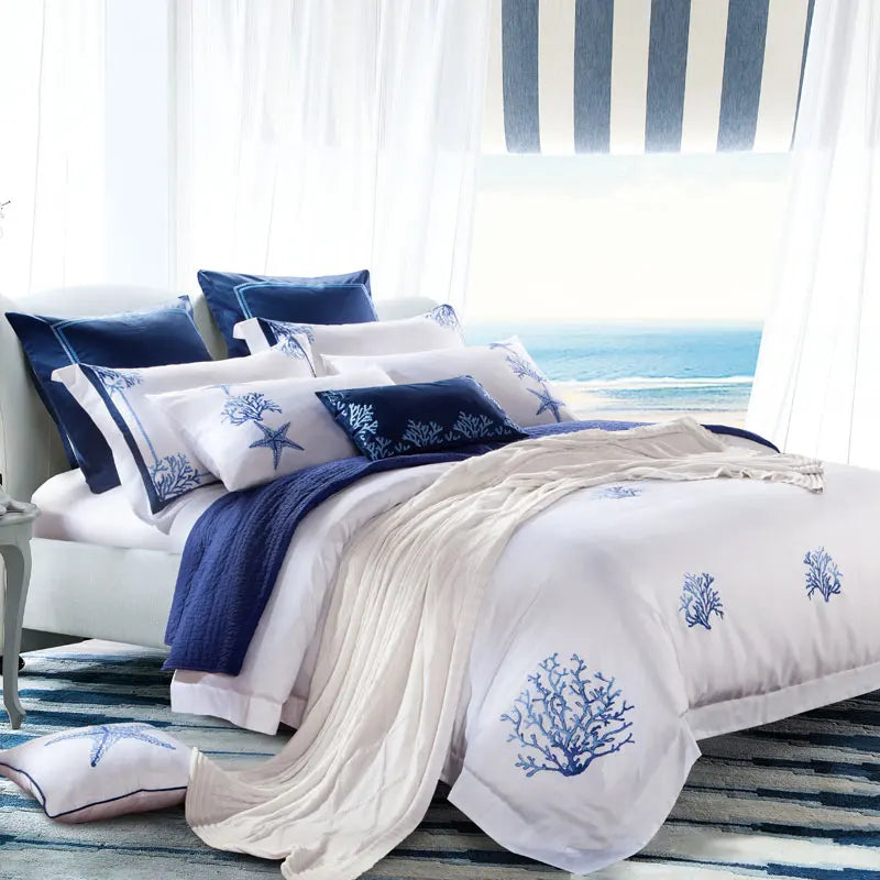 Chic Blue Coral pattern embroidery bedding set Luxury White Egyptian Cotton Duvet Cover Set US Queen Extra King Size 4/6/10Pc