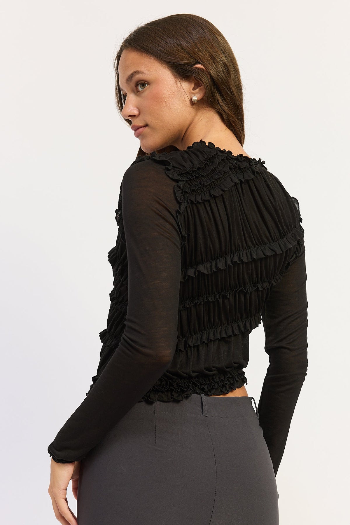 Asymmetrical Smocked Long Sleeve Top&nbsp
