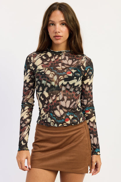Plaid Mesh Mock Neck Long Sleeve Tee