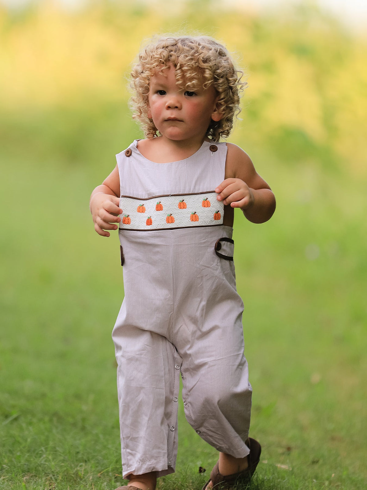 Fall Halloween & Thanksgiving  Pumpkin Smock Embroidered Boys Romper
