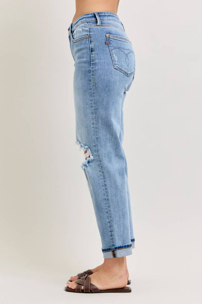 Elaine Mid Rise Boyfriend with Distress & Cuff
