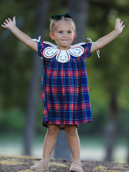 Navy Red Christmas Plaid Wreath Embroidered Girl Dress