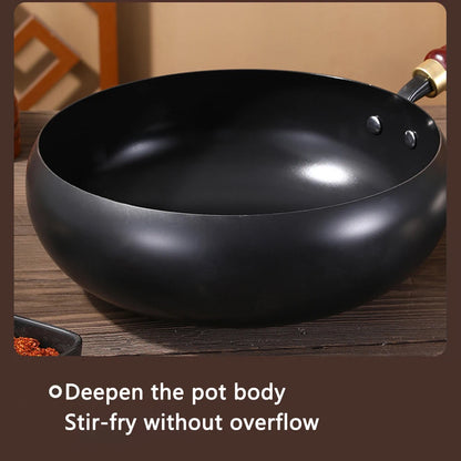 24cm/28cm Non-stick Wok Hand-made Iron Pot with Wooden Lid Multi-function Cooking Pan for Induction Electric Gas All Stoves