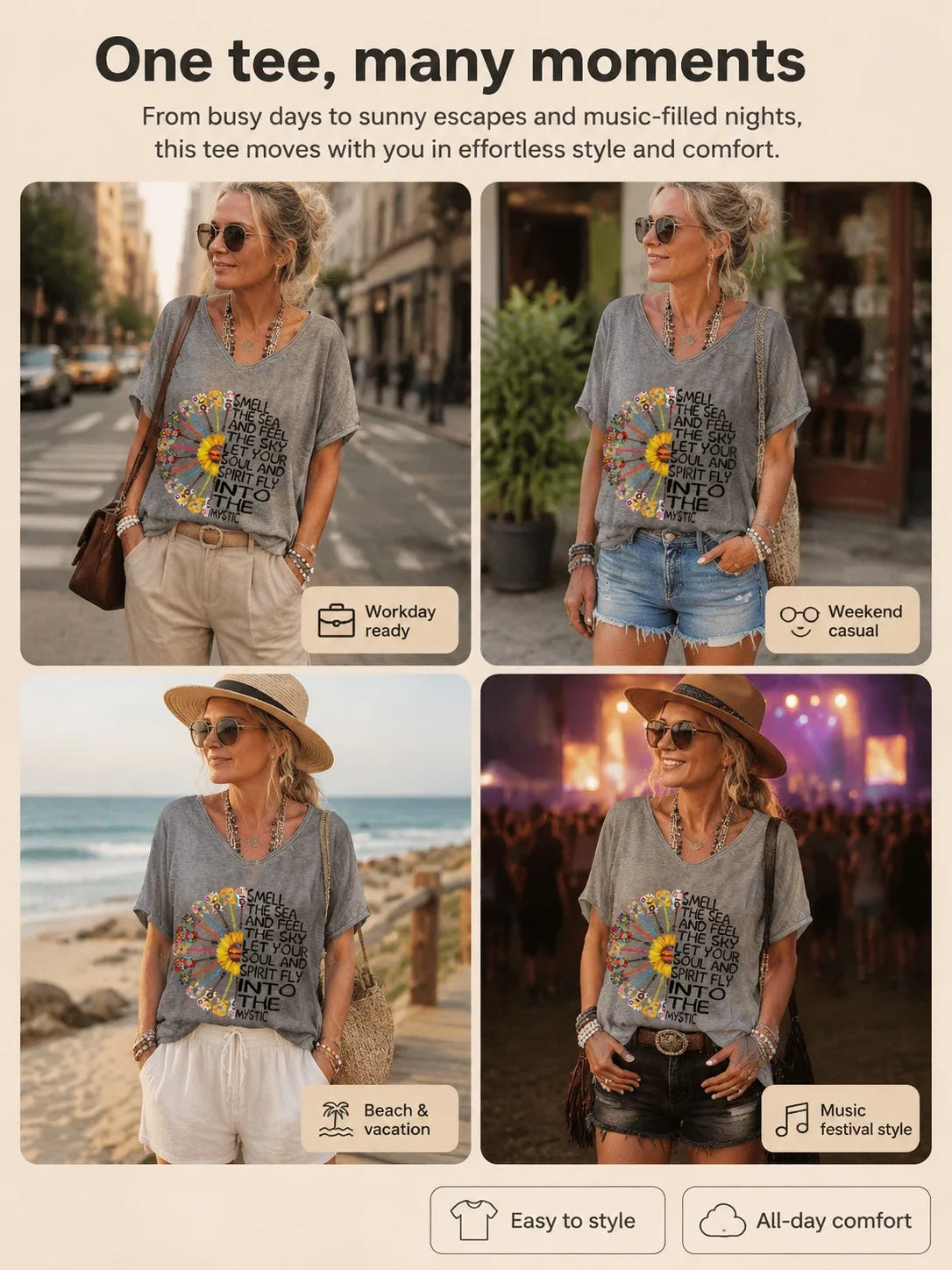 Hippie Classic T-Shirts Women's V Neck T Shirt Short Sleeve Tops Casual Loose Print Tees