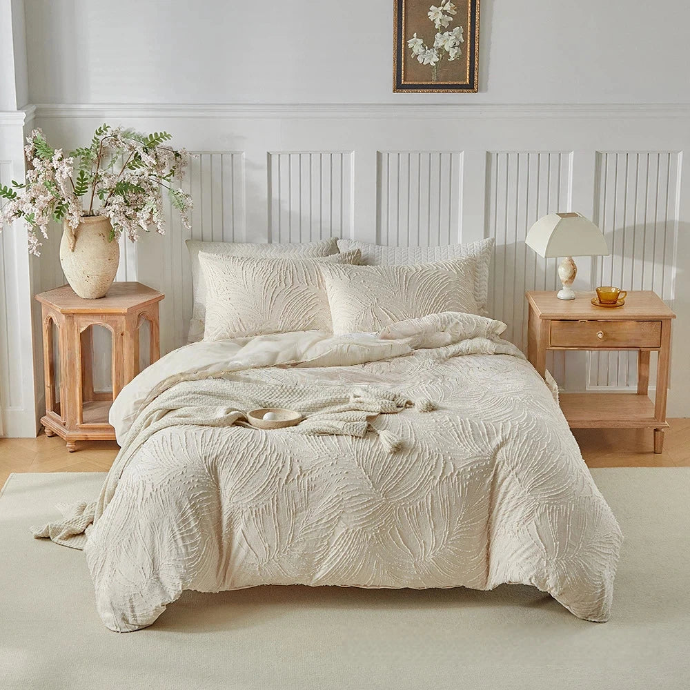 Luxury Beige Duvet Cover Set with Pillowcase Full/Queen Size Boho Microfiber Bedding Set for All Seasons Chic Comforter Cover