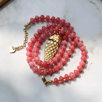 Bohemian Style Spring/Summer Colorful Natural Stone Necklace with Stainless Steel Fish Pendant