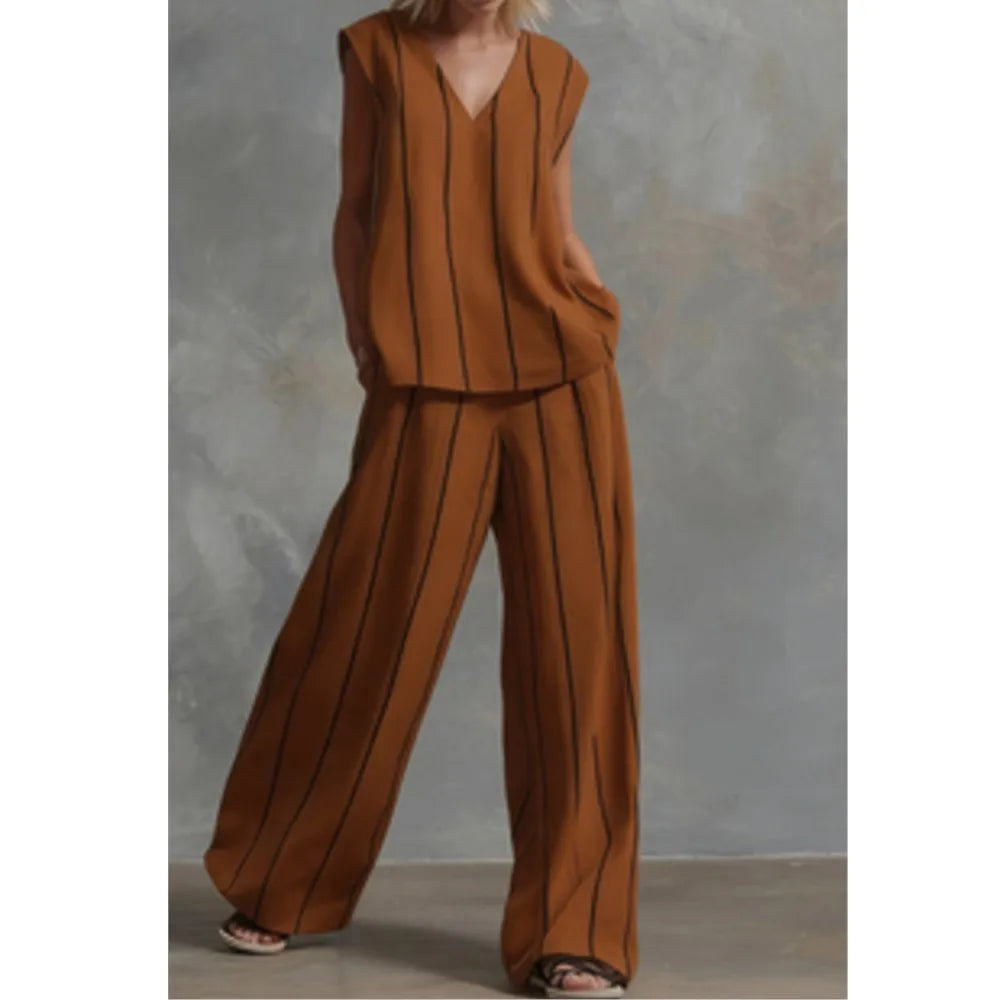 Black White Vertical Striped Loose Top+Wide Leg Pants Two-piece Summer Women's Loose Cotton Linen Trousers Set Костюм Женский
