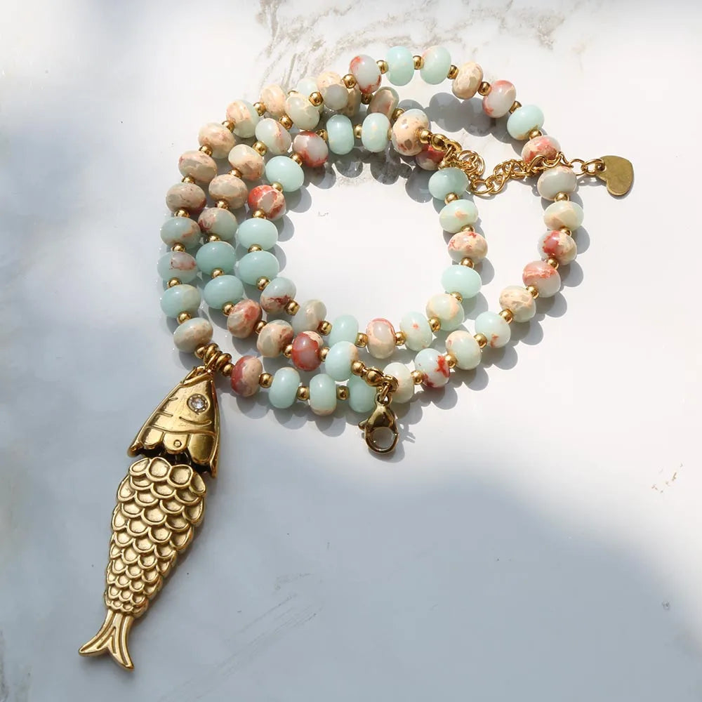 Bohemian Style Spring/Summer Colorful Natural Stone Necklace with Stainless Steel Fish Pendant