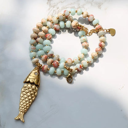 Bohemian Style Spring/Summer Colorful Natural Stone Necklace with Stainless Steel Fish Pendant