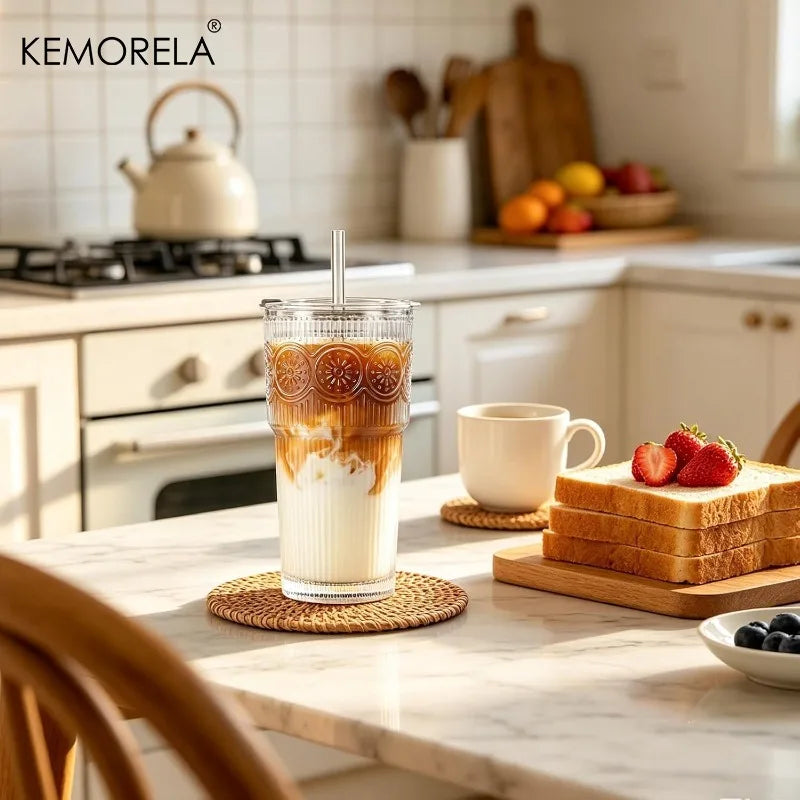 1/2PCS Ribbed &Floral Glass Coffee Cup  with Lids and Straws 590ML for Iced Coffee Smoothies Milk Water Juice and More Drinkware