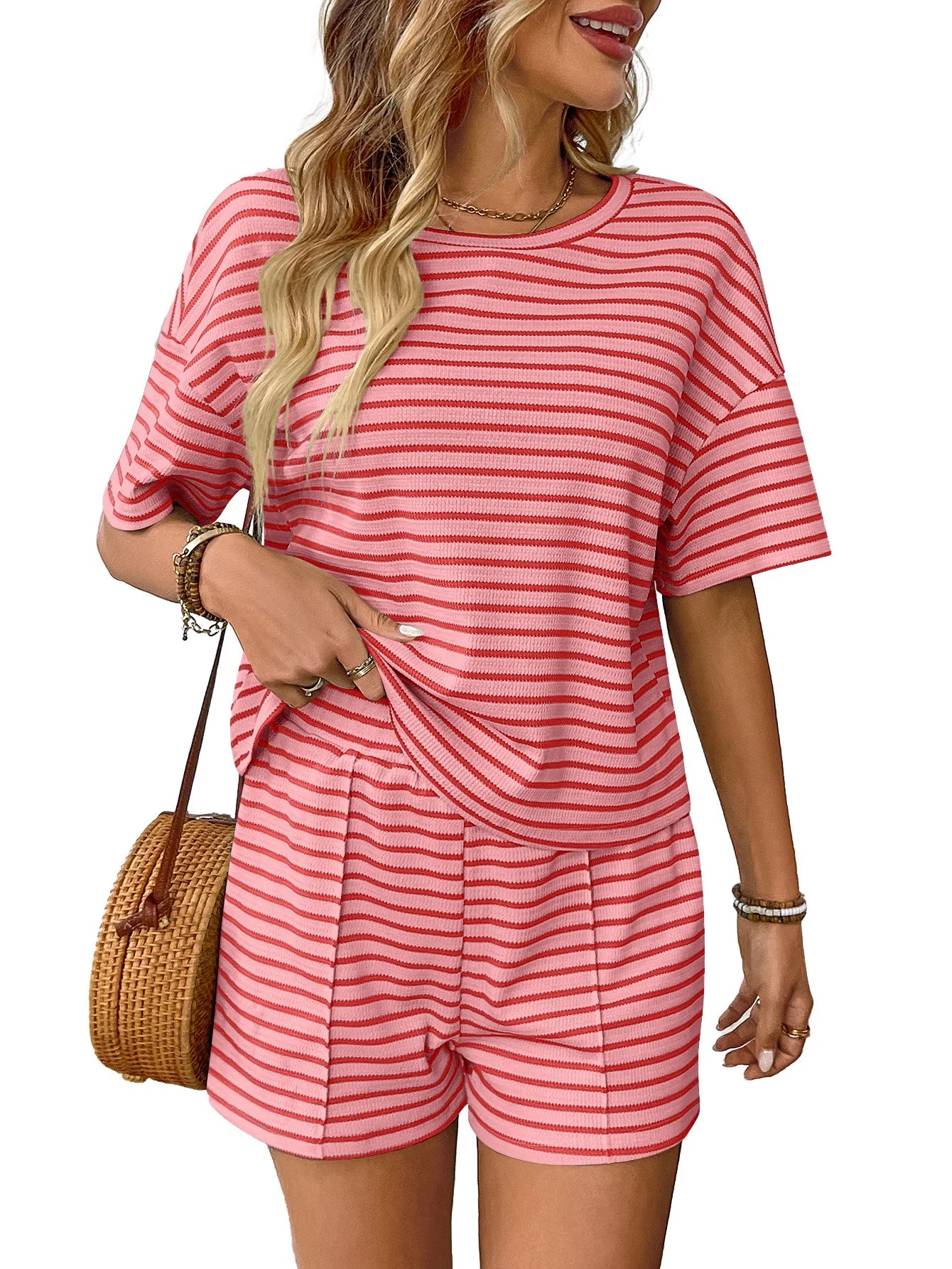 Women Two Piece Short Sets Round Neck Casual Loose Striped Short Sets Knit Elastic Waist