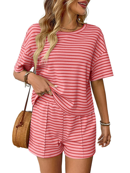 Women Two Piece Short Sets Round Neck Casual Loose Striped Short Sets Knit Elastic Waist