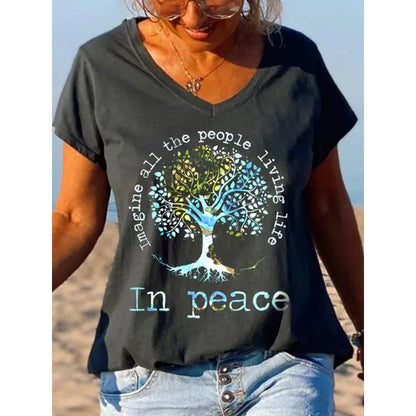 Women's Short Sleeve T-Shirts Casual V Neck T Shirt Summer Hippie Styel Tops Summer Beach Print Tees