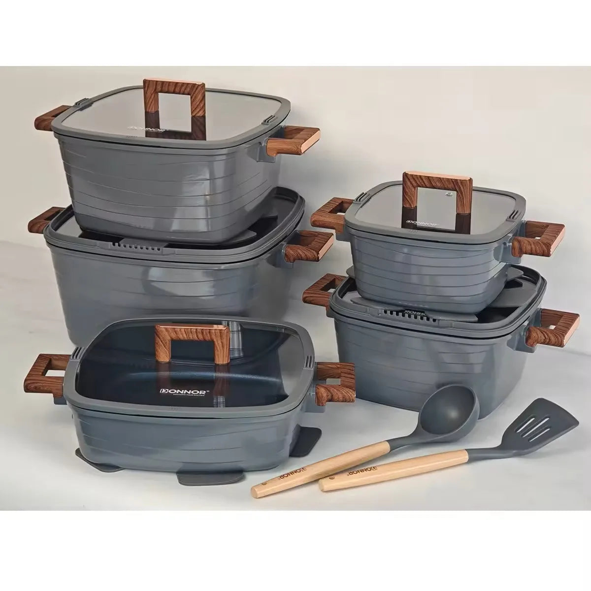 Donnor Crest 15-Piece Classic Square Cookware Set for Blue Diamond Non-Stick Soup Pot Bakelite Gold-Plated Handle Induction Base