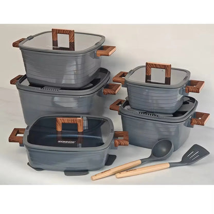 Donnor Crest 15-Piece Classic Square Cookware Set for Blue Diamond Non-Stick Soup Pot Bakelite Gold-Plated Handle Induction Base