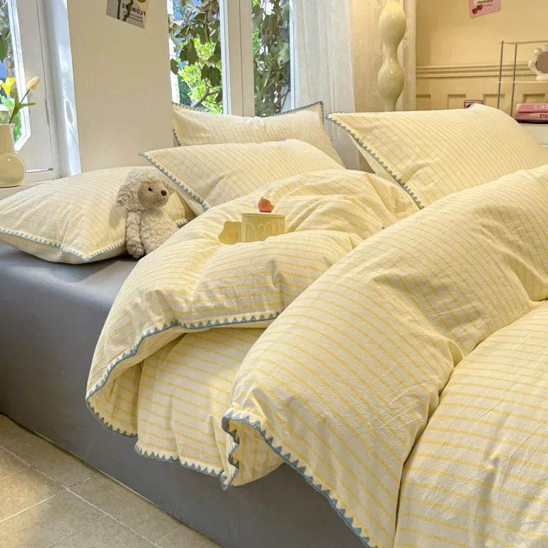 New Shell Edge Pure Cotton Bedding Set Simple Striped Printed Skin Friendly Comforter Cover Sets Washable Non Fading Bed Linens