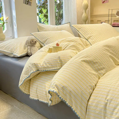 New Shell Edge Pure Cotton Bedding Set Simple Striped Printed Skin Friendly Comforter Cover Sets Washable Non Fading Bed Linens