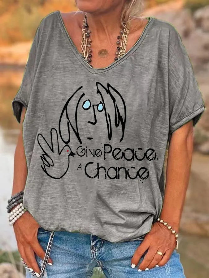 ilstile Hippie Women's V Neck Print T-Shirt Summer Short Sleeve Tops Female clothing Casual Loose Tees