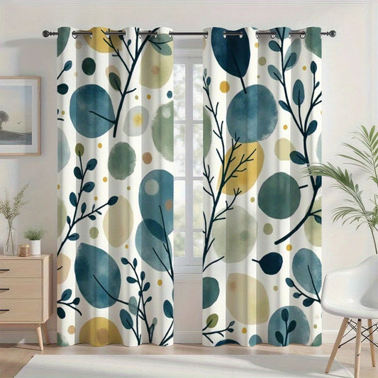 2pc Watercolor Leaves and Branches Printed Pattern Curtains, Polyester Fabric, Suitable for Bedroom Living Room Decoration