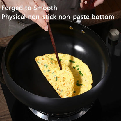 24cm/28cm Non-stick Wok Hand-made Iron Pot with Wooden Lid Multi-function Cooking Pan for Induction Electric Gas All Stoves