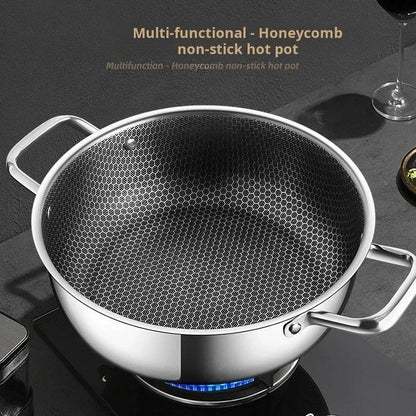 410 Stainless Steel Soup Pot Wok Frying Pan Honeycomb Non-stick Pan with Lid Home Hot Pan Induction Cooker Gas Stove Universal