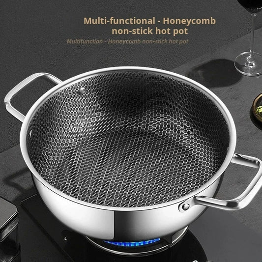 410 Stainless Steel Soup Pot Wok Frying Pan Honeycomb Non-stick Pan with Lid Home Hot Pan Induction Cooker Gas Stove Universal