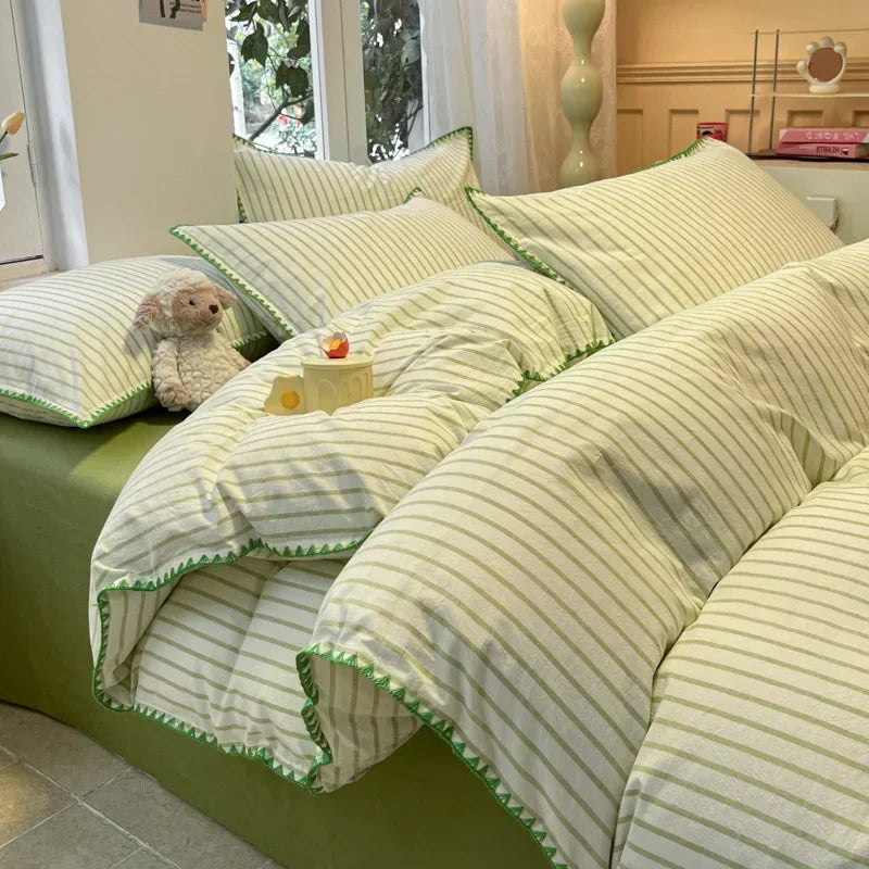 New Shell Edge Pure Cotton Bedding Set Simple Striped Printed Skin Friendly Comforter Cover Sets Washable Non Fading Bed Linens