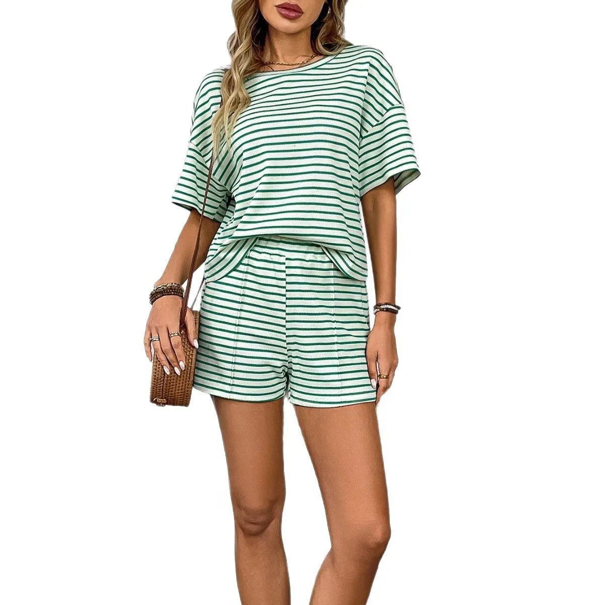 Women Two Piece Short Sets Round Neck Casual Loose Striped Short Sets Knit Elastic Waist