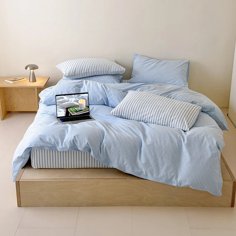 Japanese Blue Striped 100% Cotton Duvet Cover Set Queen King Bedding Set Soft Skin-friendly Comforter Cover Pillowcases Bedsheet