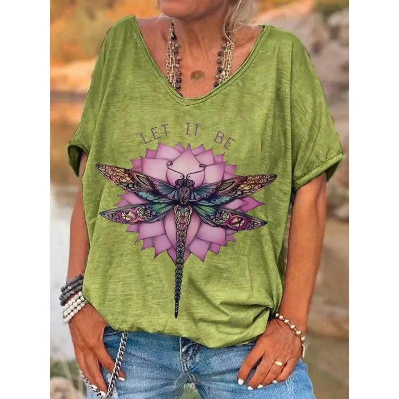 ilstile  Hippie Let It Be Dragonfly Print T-Shirts Women's V Neck T Shirt Short Sleeve Tops Casual Tees Fashion Female clothing