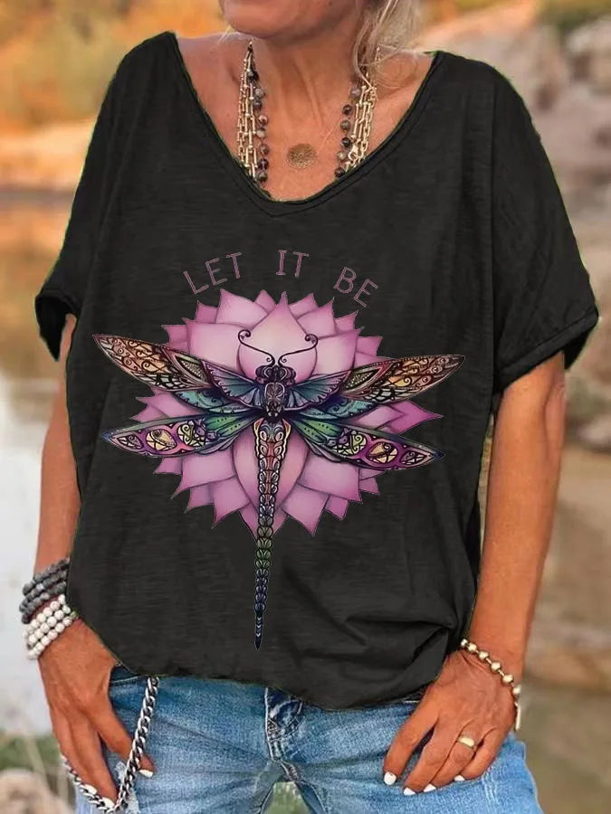ilstile  Hippie Let It Be Dragonfly Print T-Shirts Women's V Neck T Shirt Short Sleeve Tops Casual Tees Fashion Female clothing