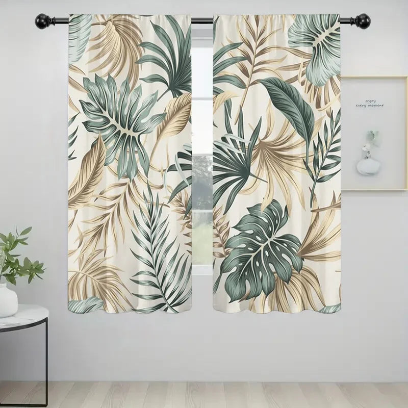 2pcs Tropical Leaf Sheer Curtains – Grey Voile Panels with Green & Brown Monstera Print, Nature-Inspired Light Filtering Drapes