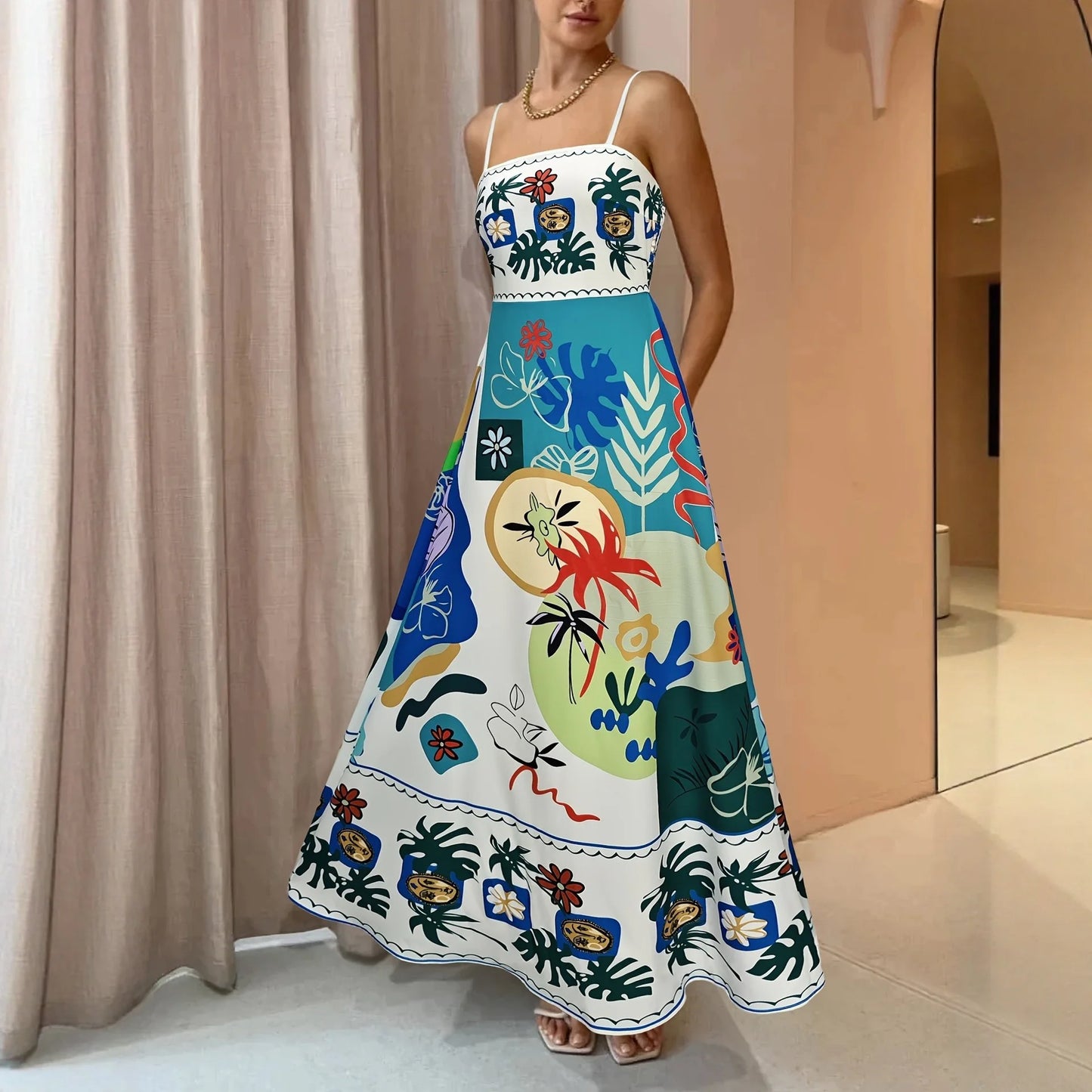 Colorful Abstract Print Strapless Midi Dress Women Summer Sun Face Graffiti Boho Beach A-Line Sundress Holiday Party Vestidos