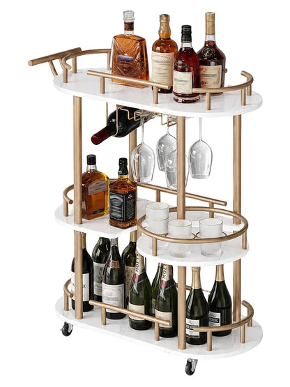 3 Tier Rolling Bar Cart With Wine Rack & Glass Holder, Metal Kitchen Coffee Cart On Wheels, Mobile Serving Cart For Dining Room